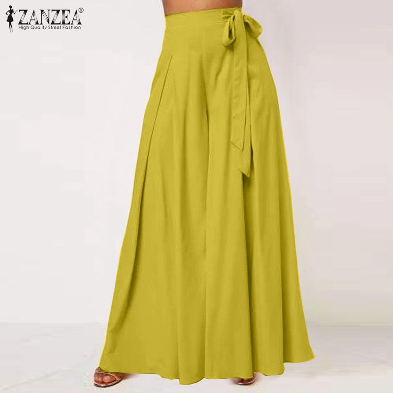 Chic fall flare trousers in vibrant yellow with a tie waist for a stylish look